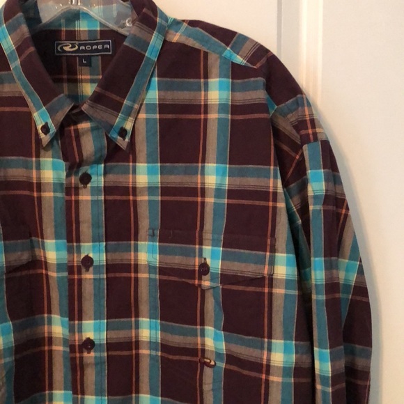 Mens Roper Shirt Brown Blue Multi Plaid Large 100% Cotton - Picture 2 of 5